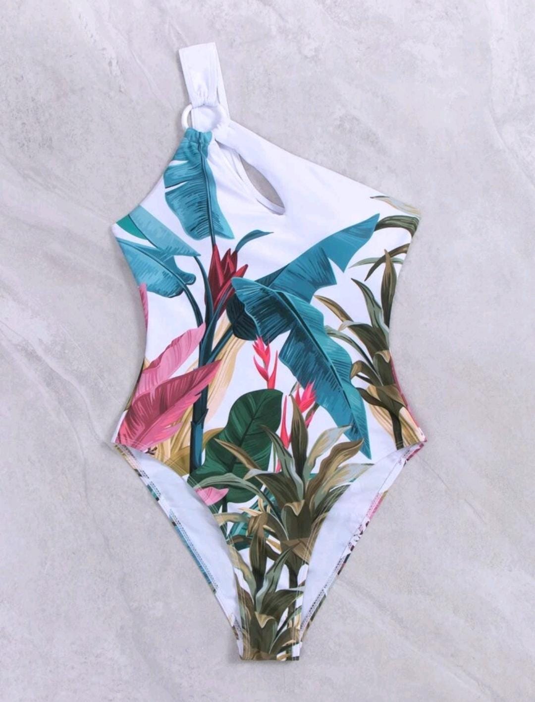30. Tropical Palm One-Shoulder Cutout Swimsuit