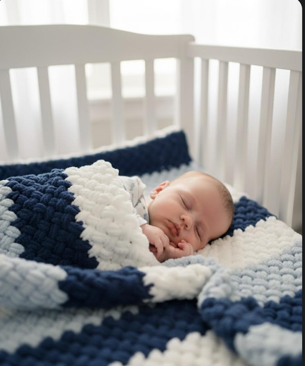 09. Chunky Striped Crib Blanket — Navy & Cream