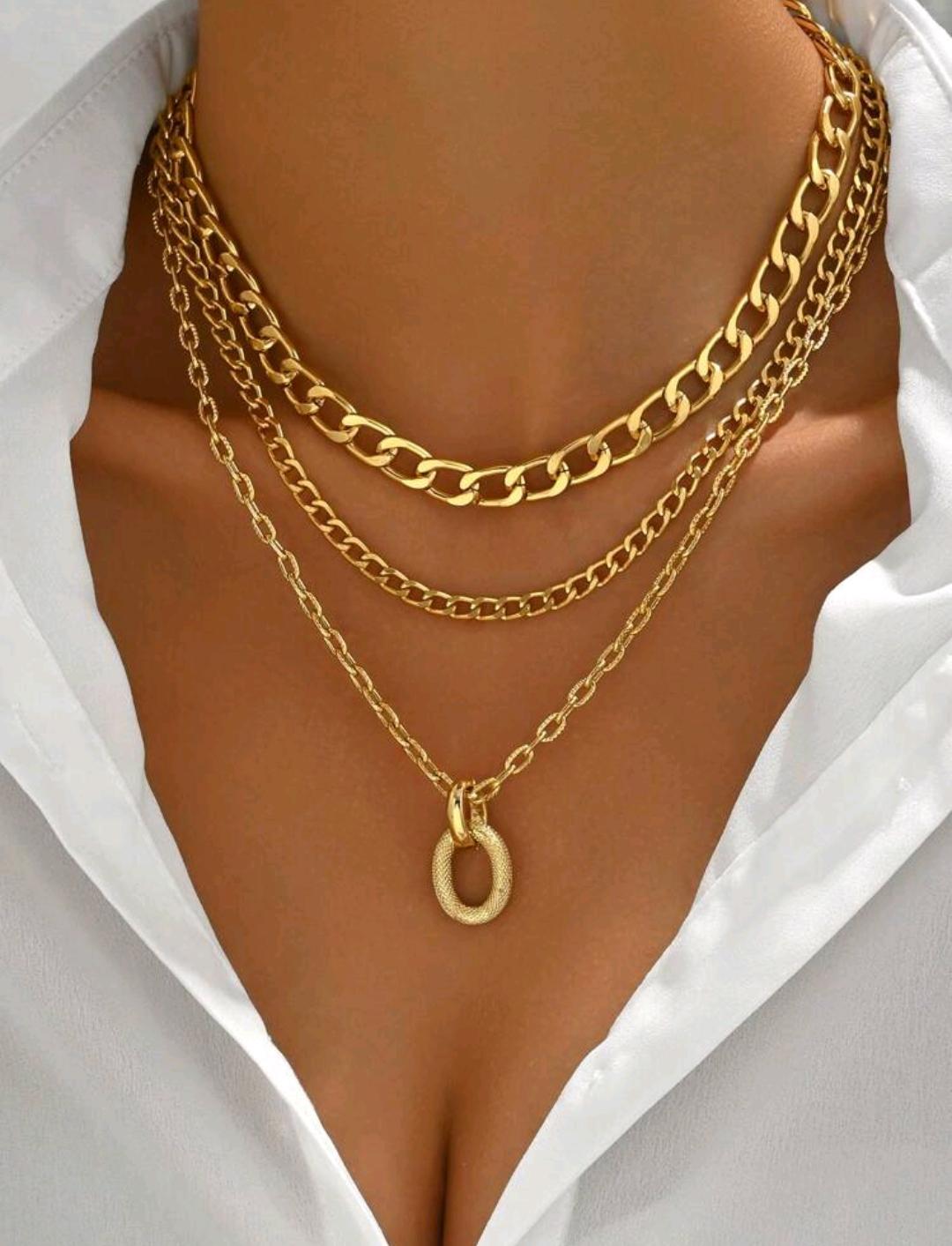 27. Gold 3-Layer Cuban Chain Oval Pendant Necklace