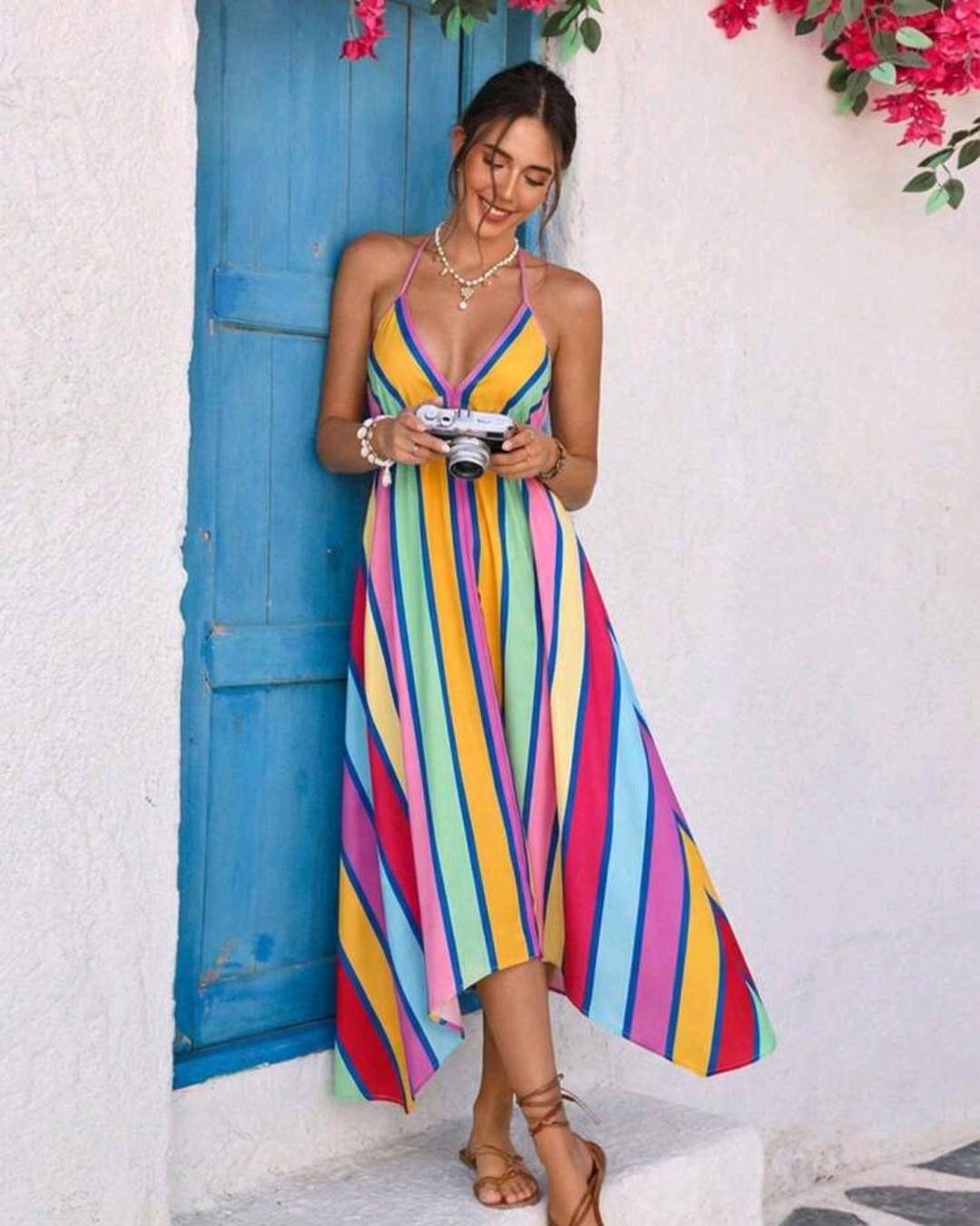 21. Rainbow Stripe Halter Maxi Dress