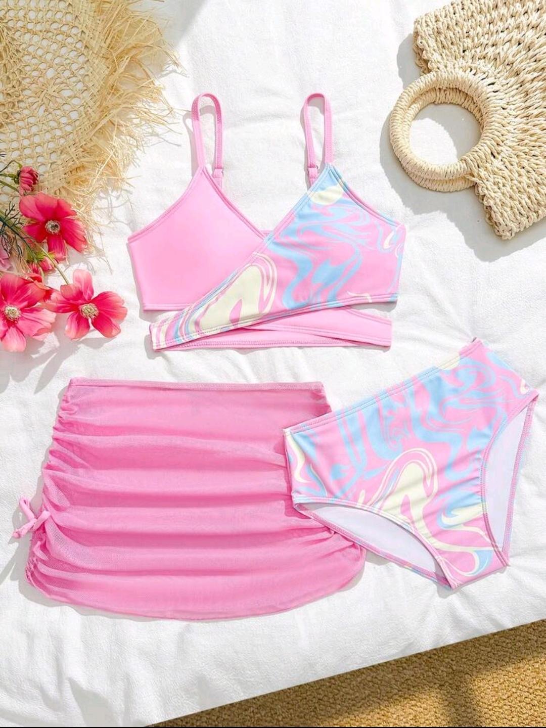 13. Pink Swirl Wrap 3pc Bikini Set
