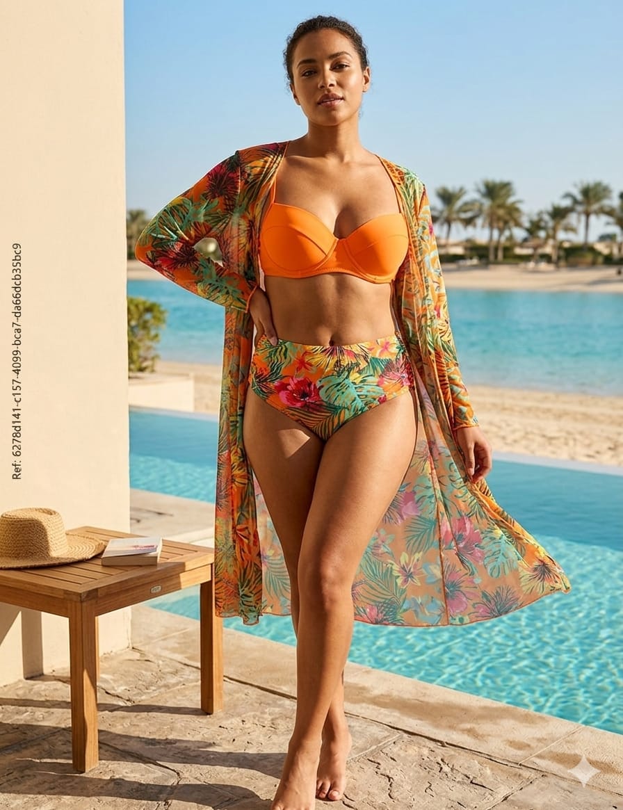 36. Orange Push-Up Bikini + Tropical Cover-Up