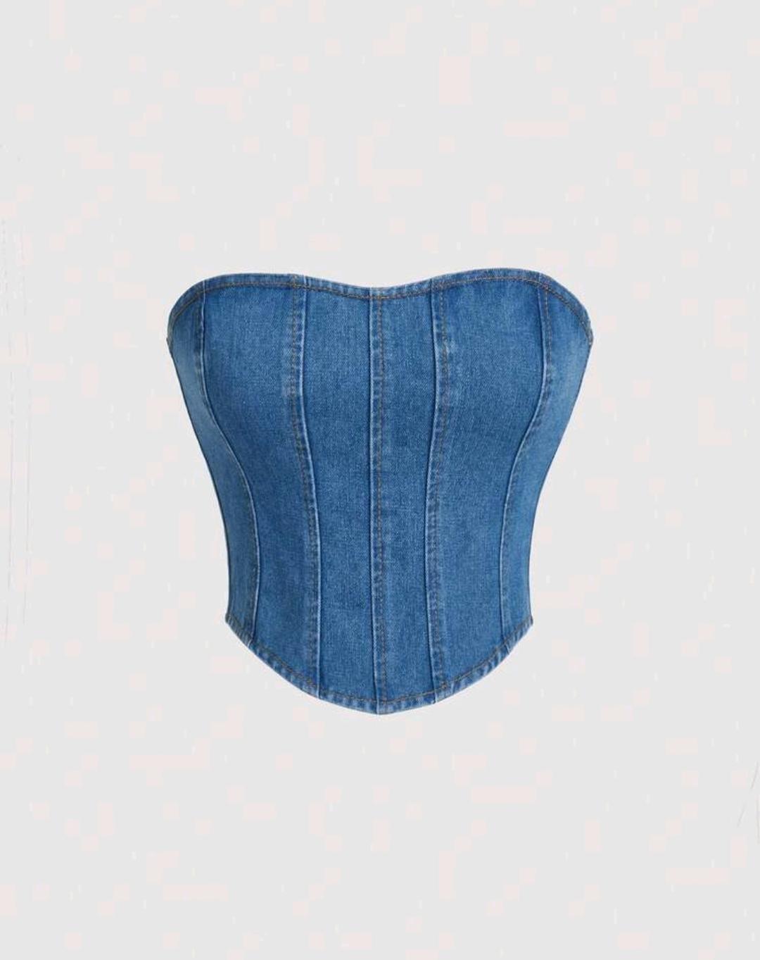 11. Blue Denim Strapless Corset Top