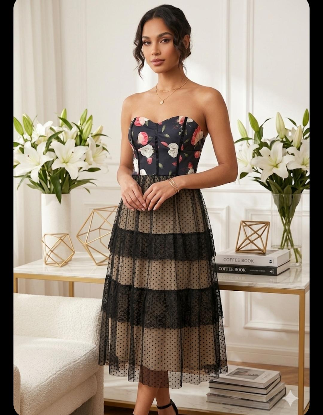 01. Floral Bustier Tiered Lace Midi Dress