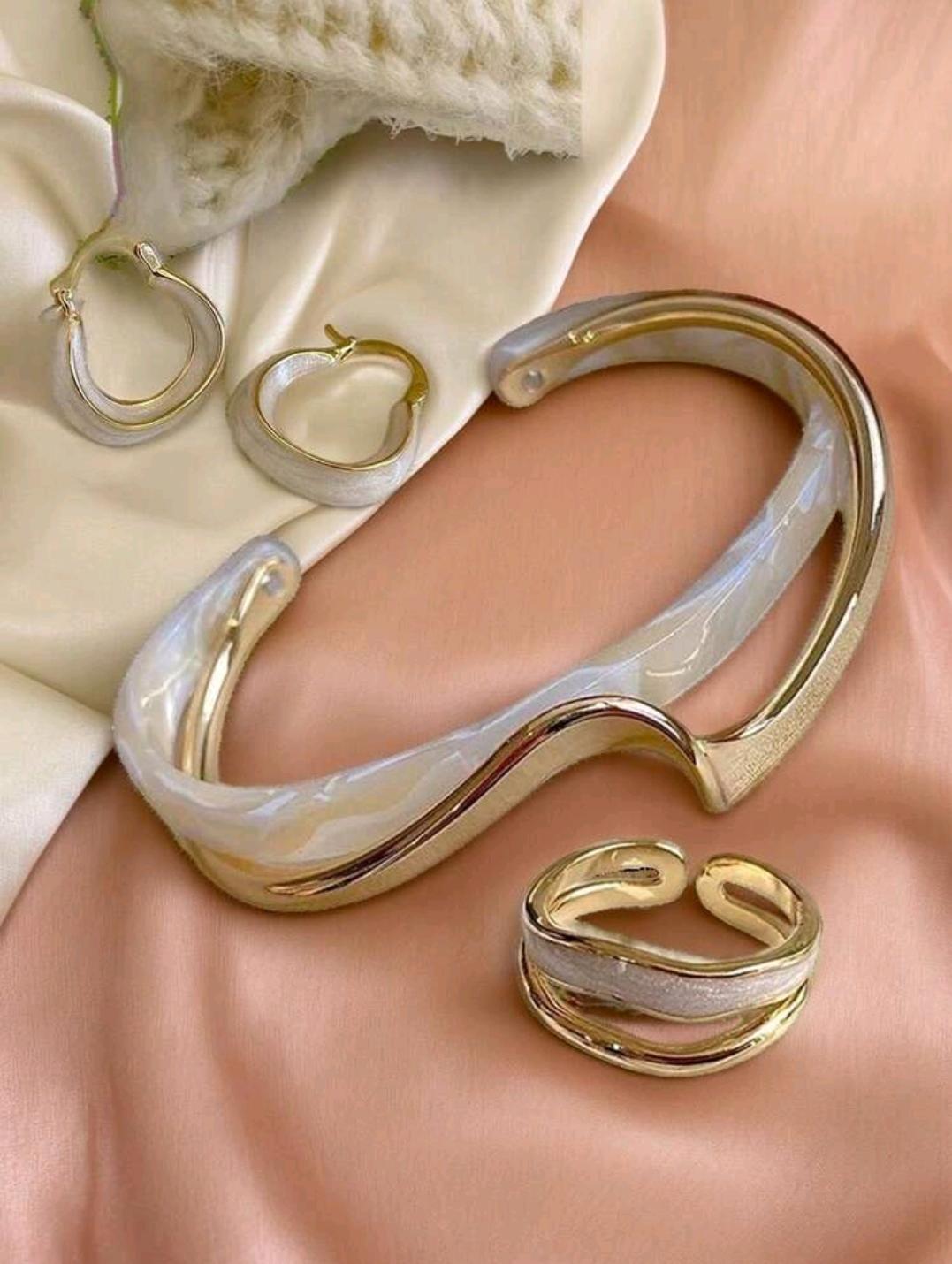 13. Pearl White Enamel & Gold Wave Set (Cuff, Ring, Hoops)