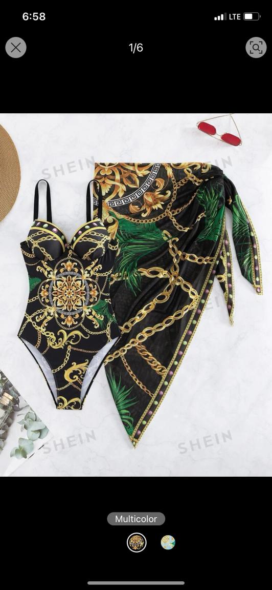 02. Black & Gold Chain Push-Up Swimsuit + Sarong