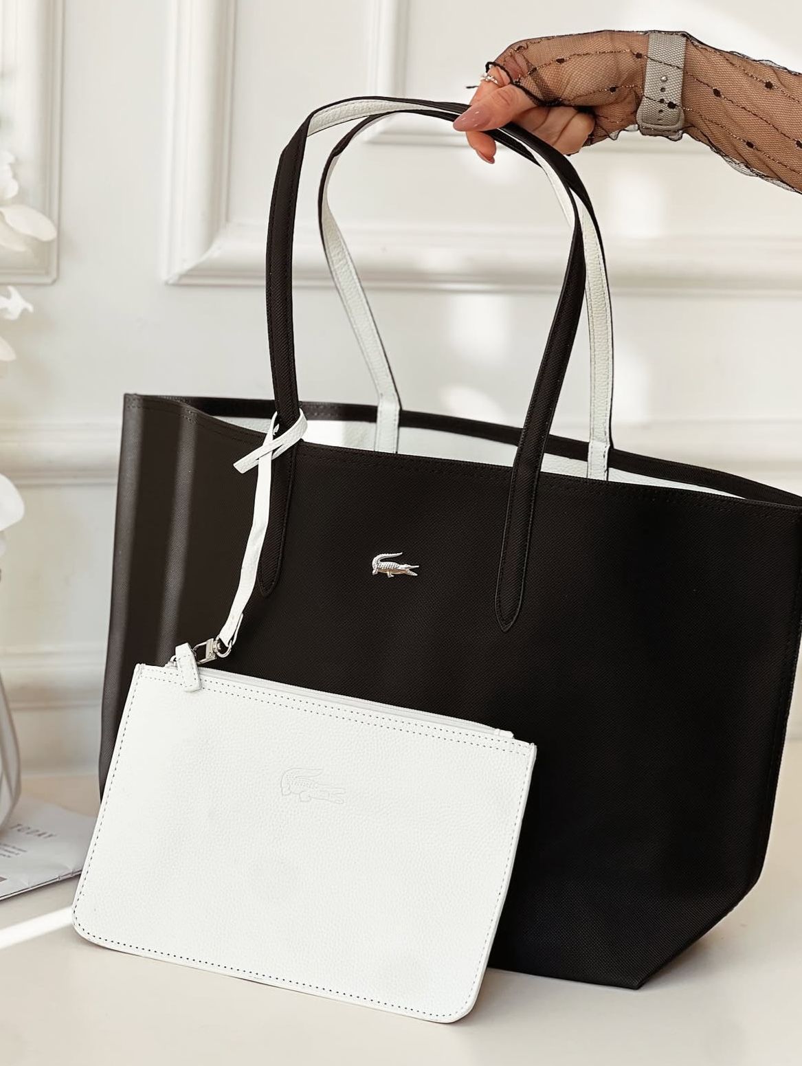 02. Lacoste Tote Bag with Pouch — Black/White