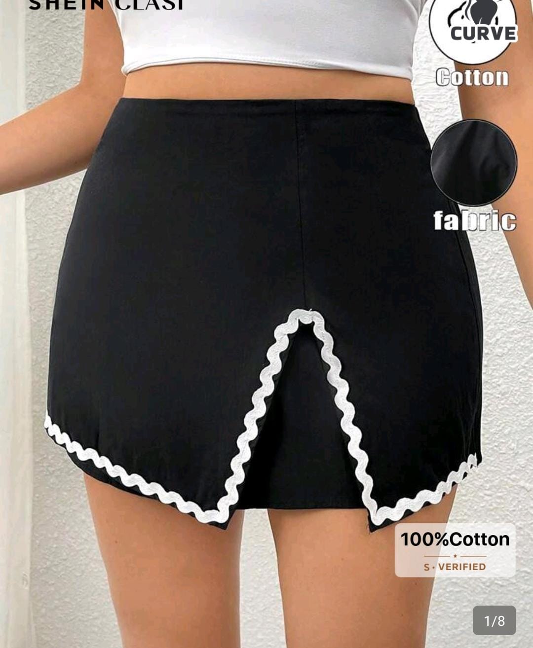 02. Black Cotton Mini Skirt with Wave Trim