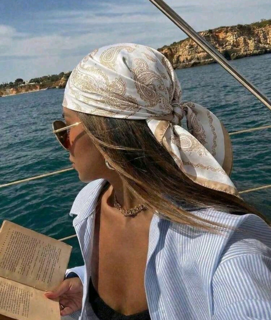 08. Ivory & Gold Paisley Satin Head Scarf