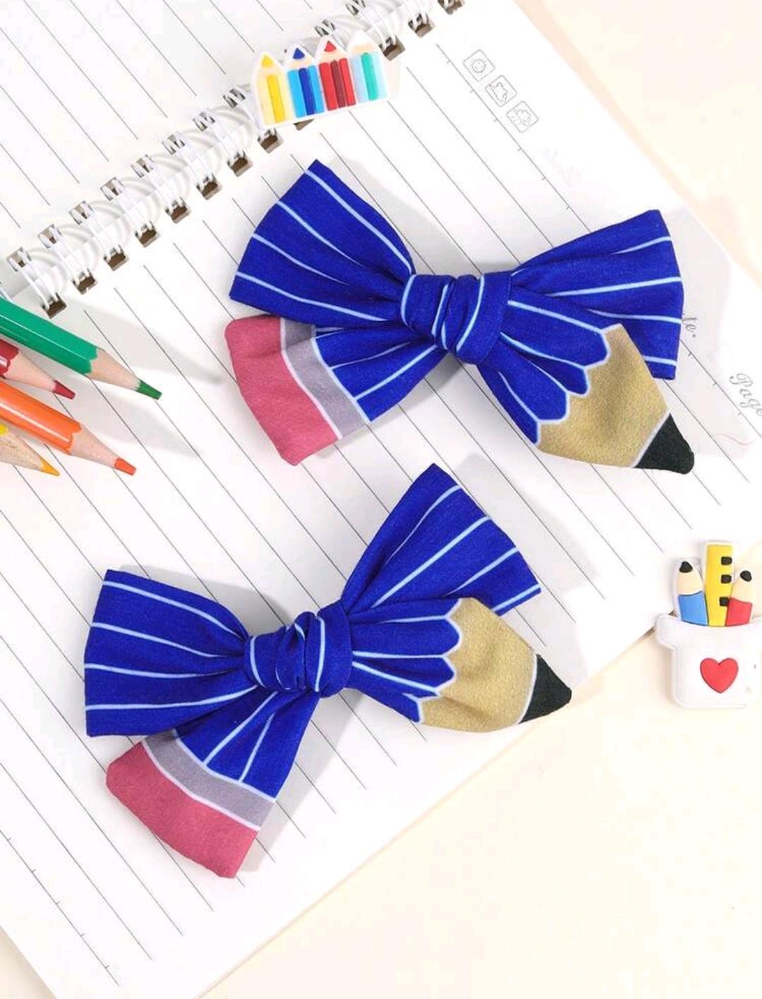 10. Blue Pencil Bow Clips — 2 pcs