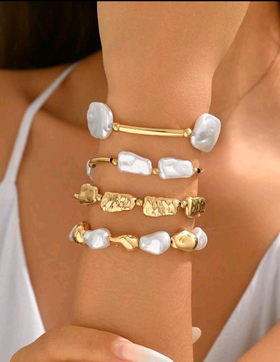 14. Baroque Pearl & Gold Bangle Stack (4 pcs)