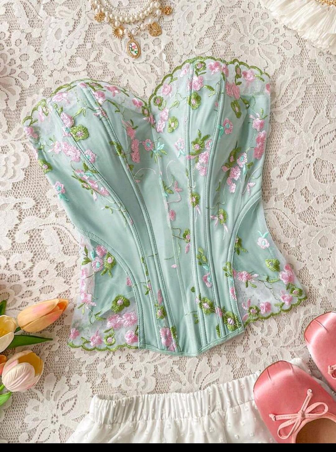 06. Mint Cherry Blossom Embroidered Corset Top