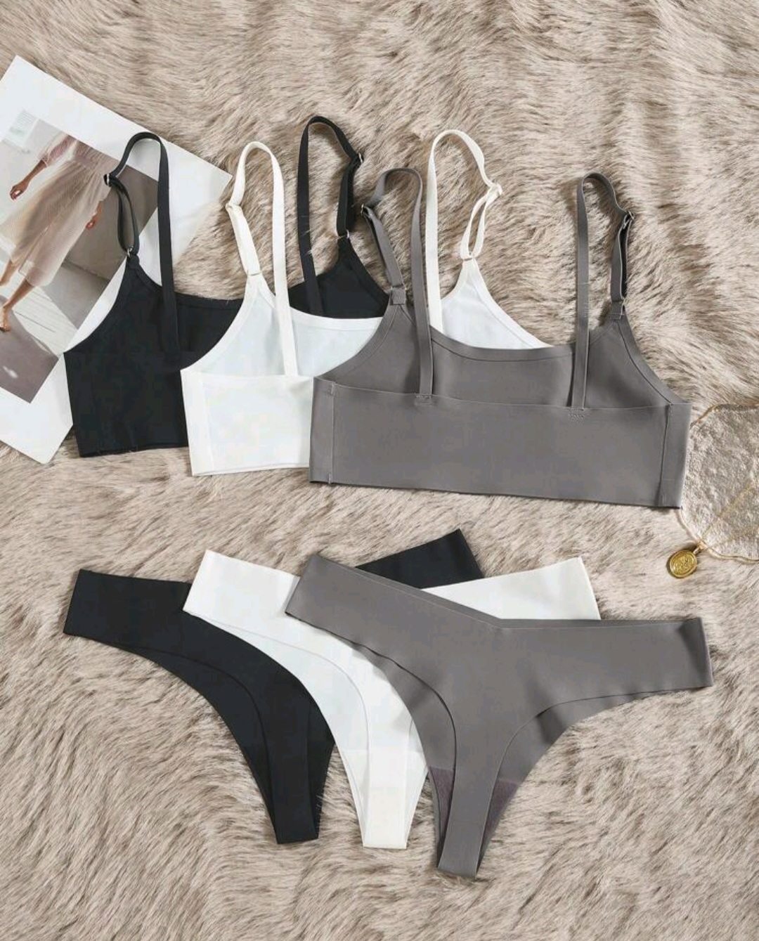 08. Bralette & Thong Set — Black/White/Grey