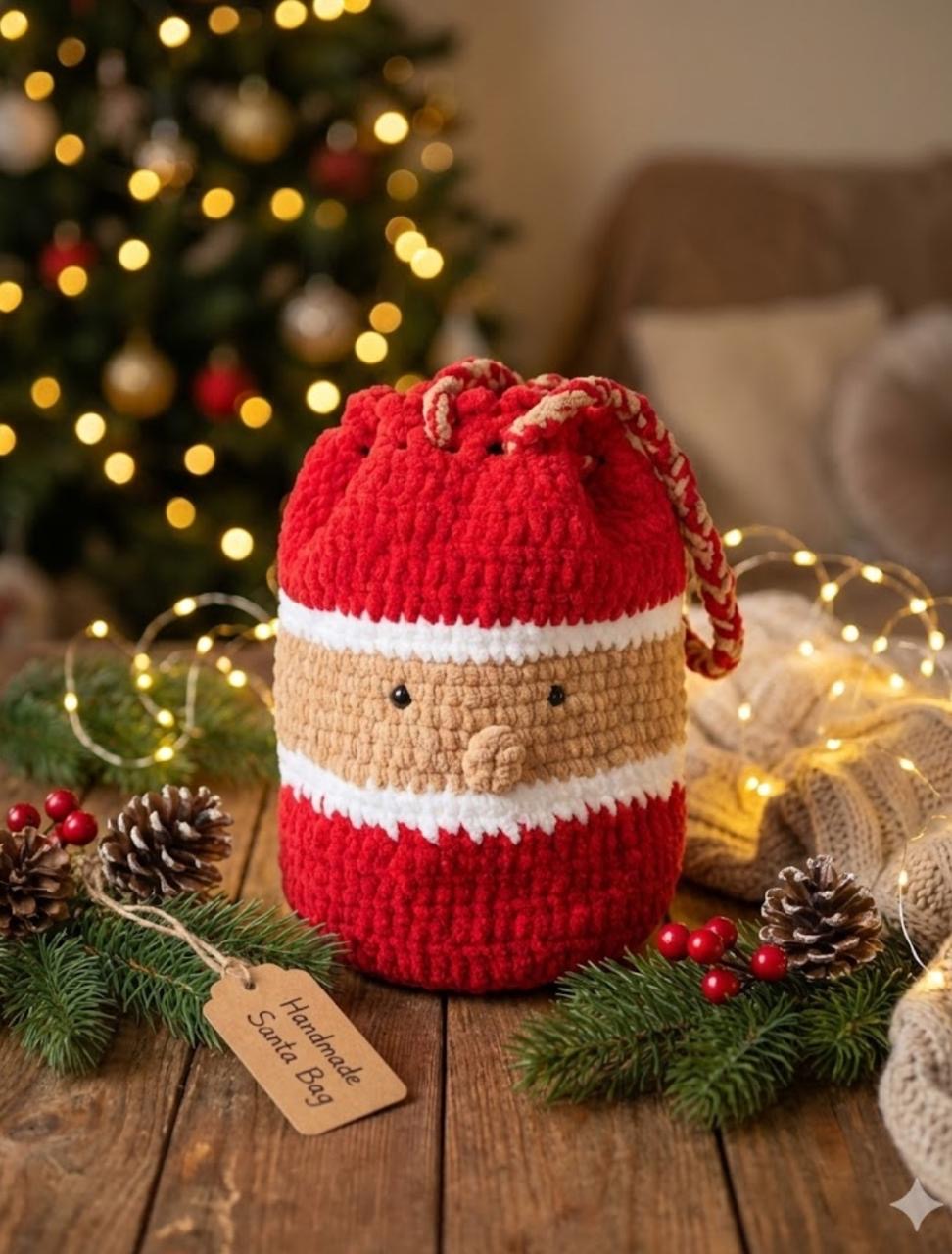 13. Handmade Crochet Santa Drawstring Bag