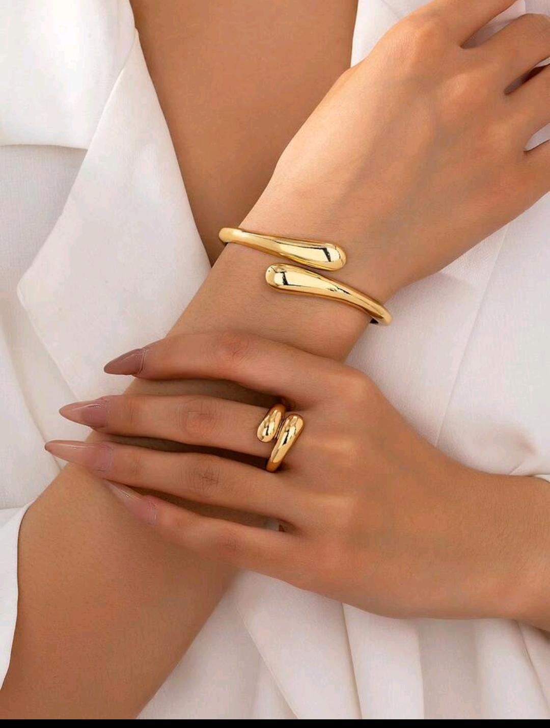 14. Gold Dome Wrap Cuff Bracelet & Ring Set