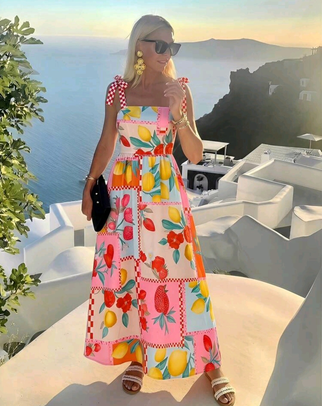 22. Lemon & Strawberry Patchwork Tie-Strap Maxi Dress