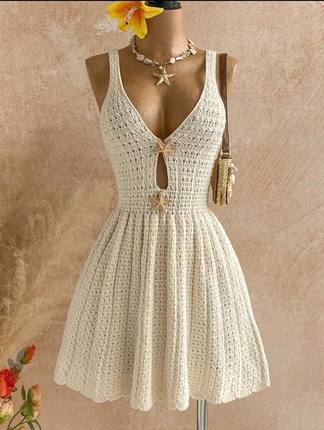 43. Ivory V-Neck Starfish Crochet Skater Dress