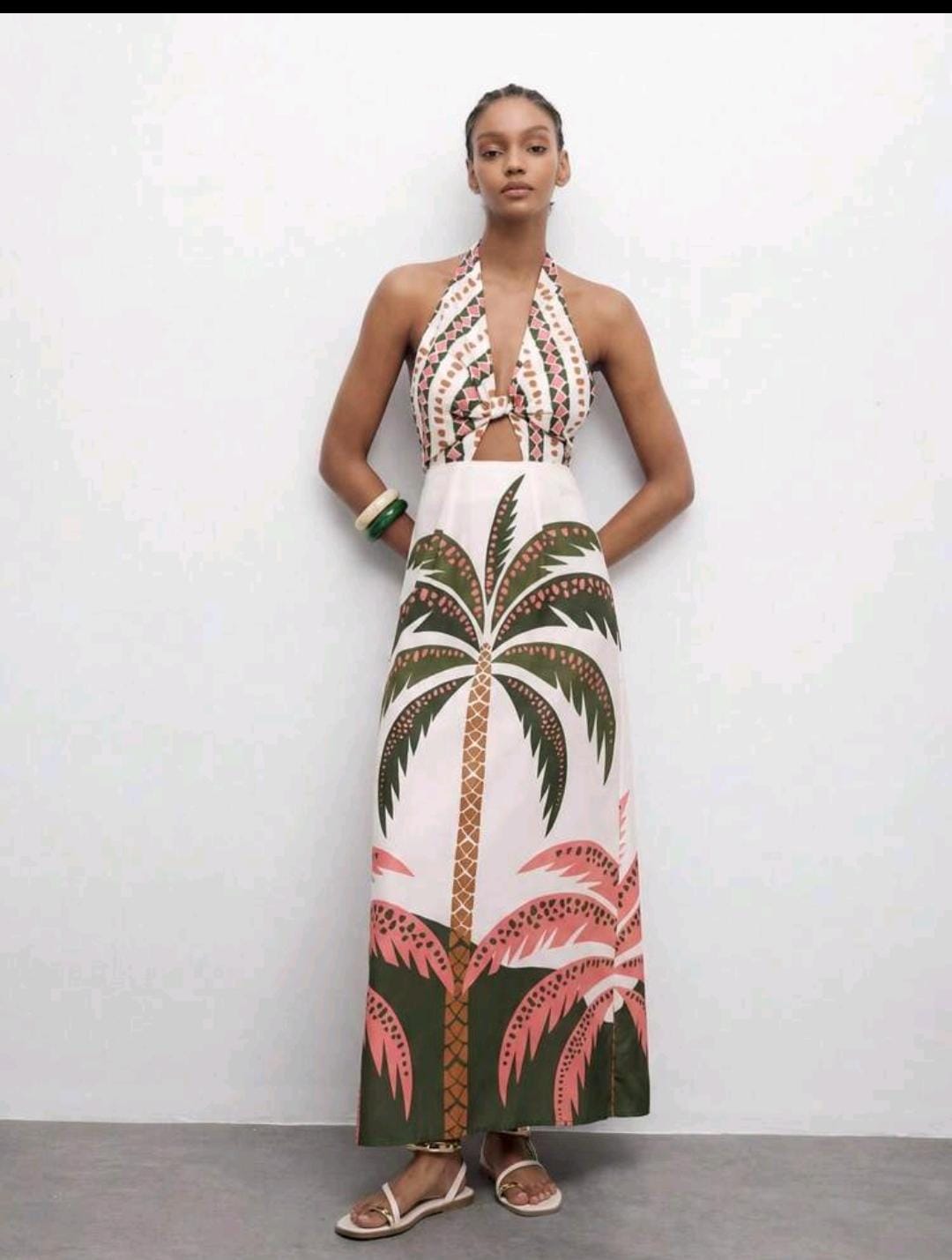 25. Palm Tree Halter Cutout Maxi Dress