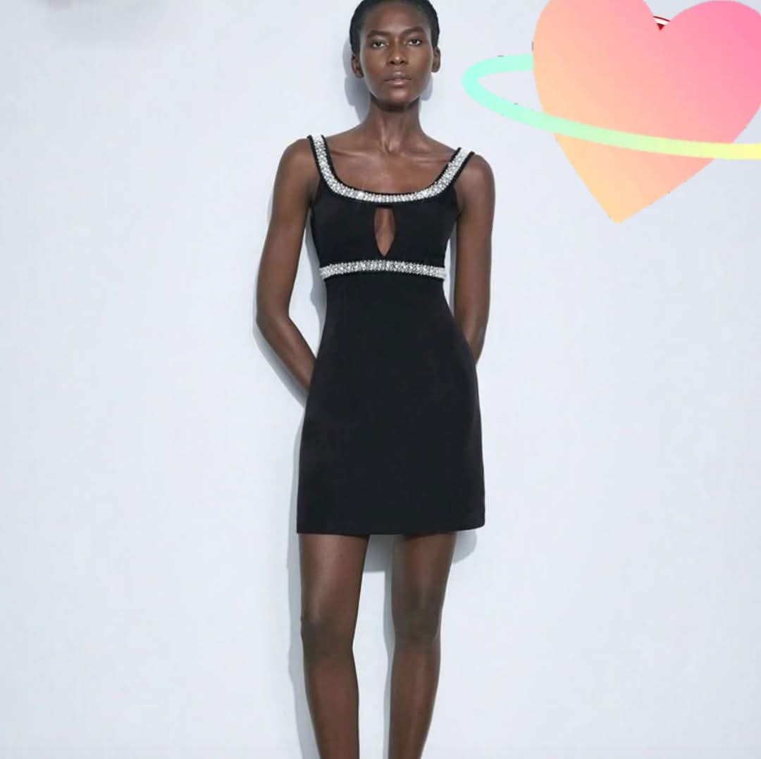 07. Black Rhinestone Trim Keyhole Mini Dress