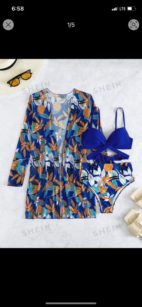 21. Blue Tropical Print Bikini + Long Cover-Up (3pc)