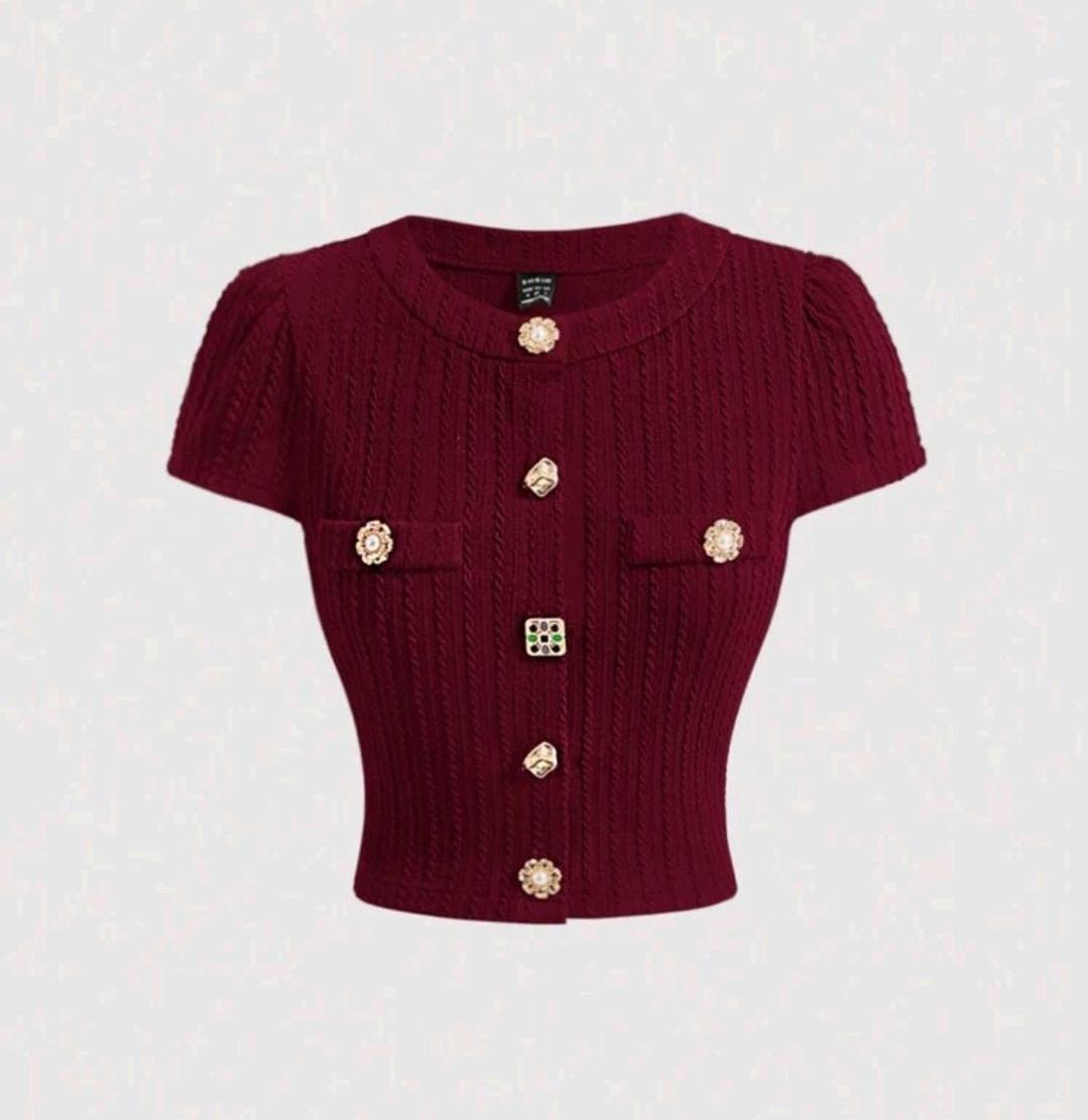 09. Burgundy Knit Jewel-Button Crop Top