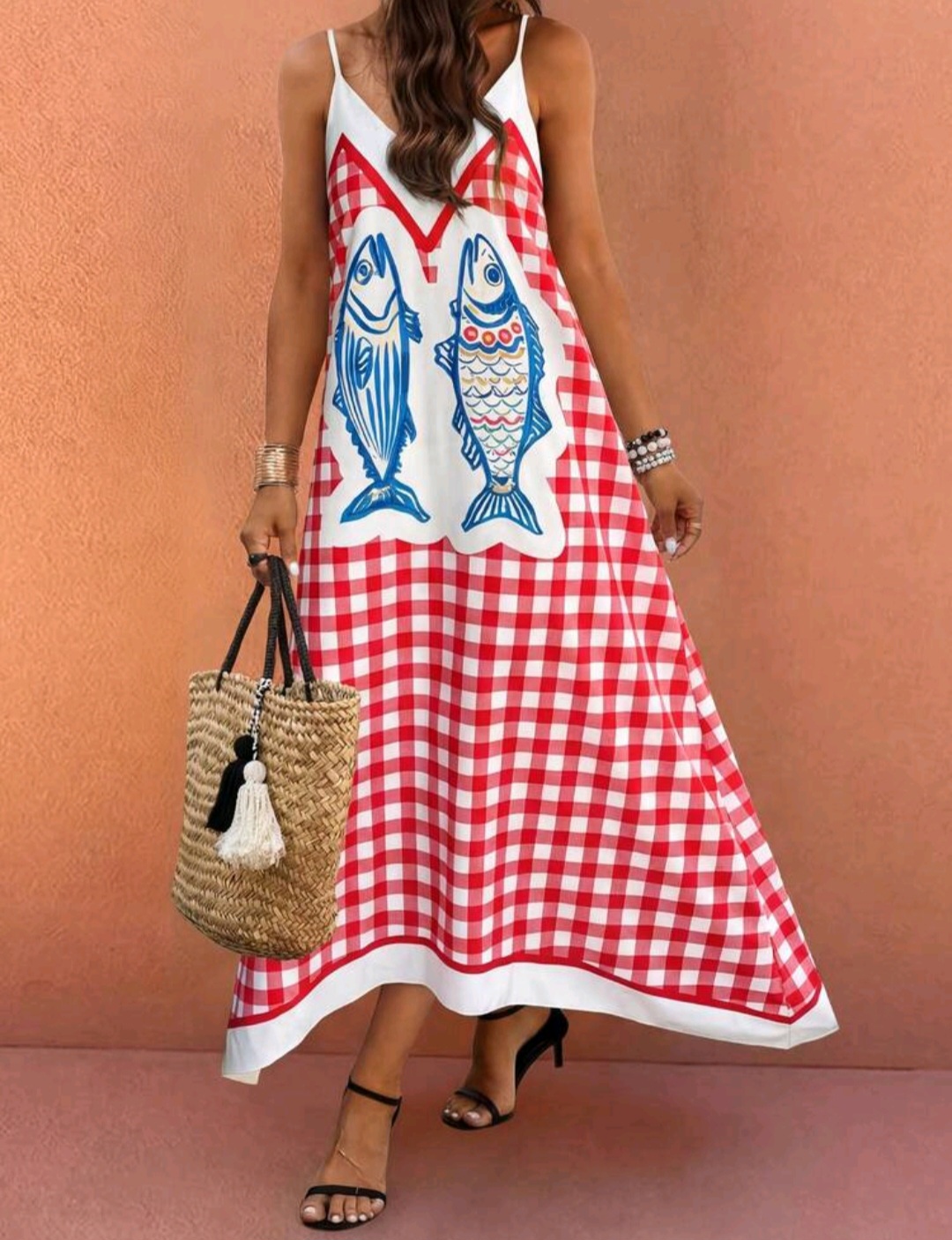 15. Red Gingham Fish Print Cami Maxi Dress
