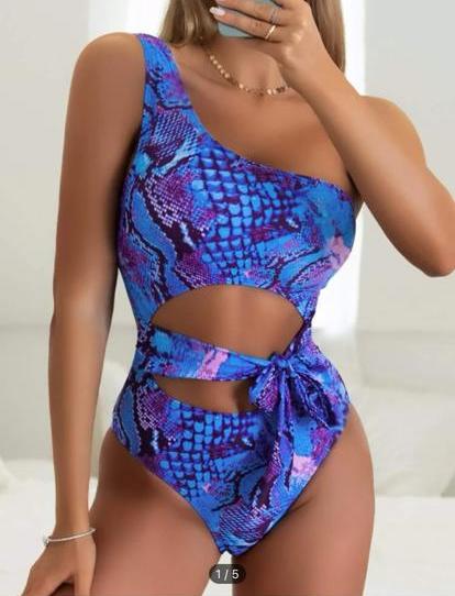 50. Blue Snake Print One-Shoulder Cutout Swimsuit