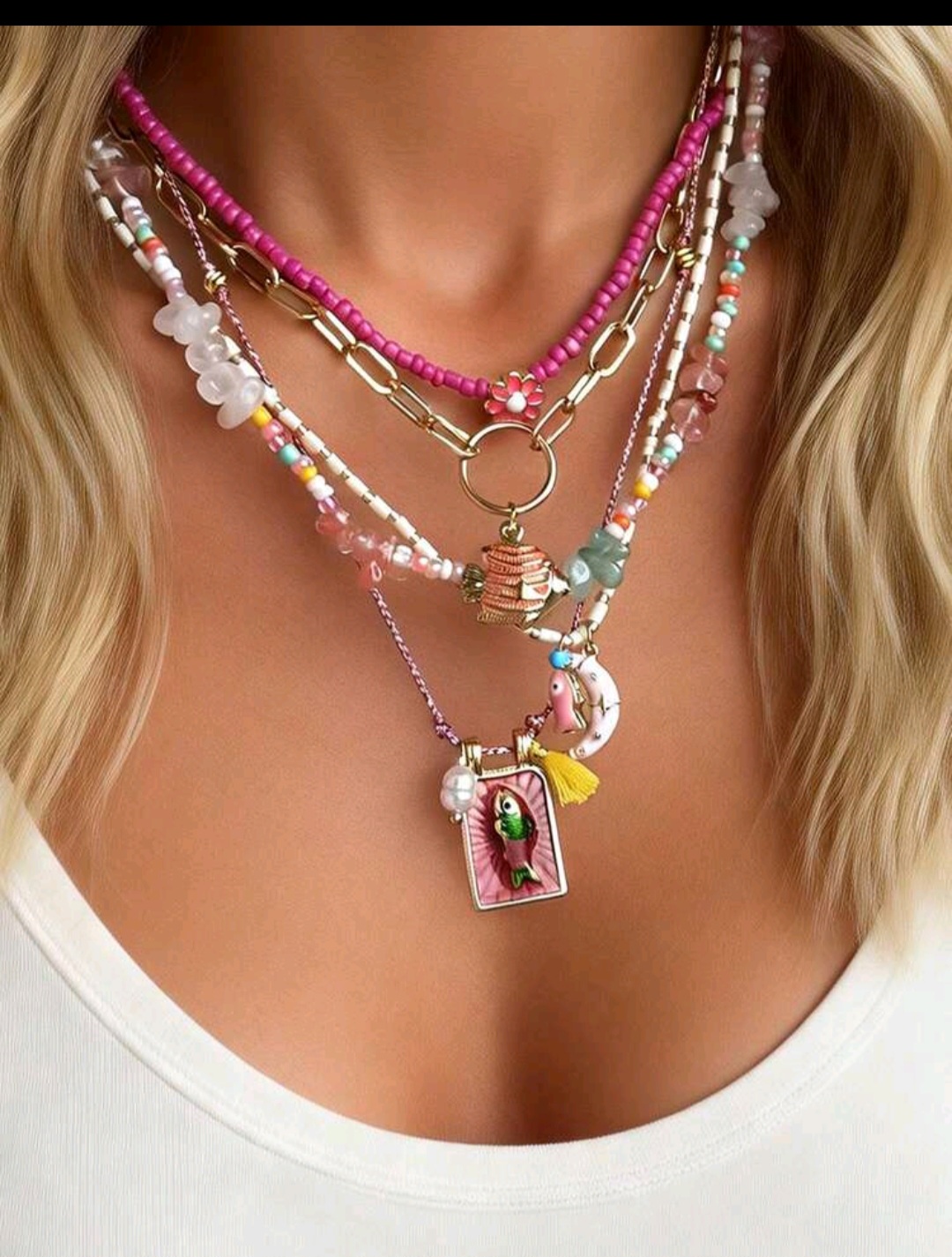 03. Pink Beaded Charm Necklace Set