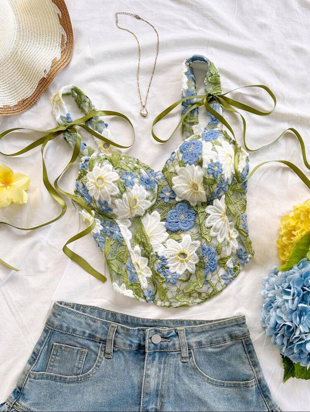 04. Blue & White Floral Ribbon-Tie Corset Top