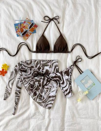 58. Brown Swirl Triangle Bikini Set with Sarong