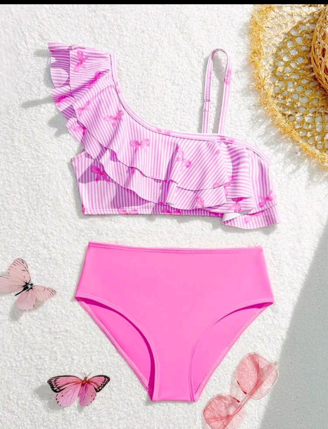 15. Pink Butterfly Stripe Ruffle Bikini