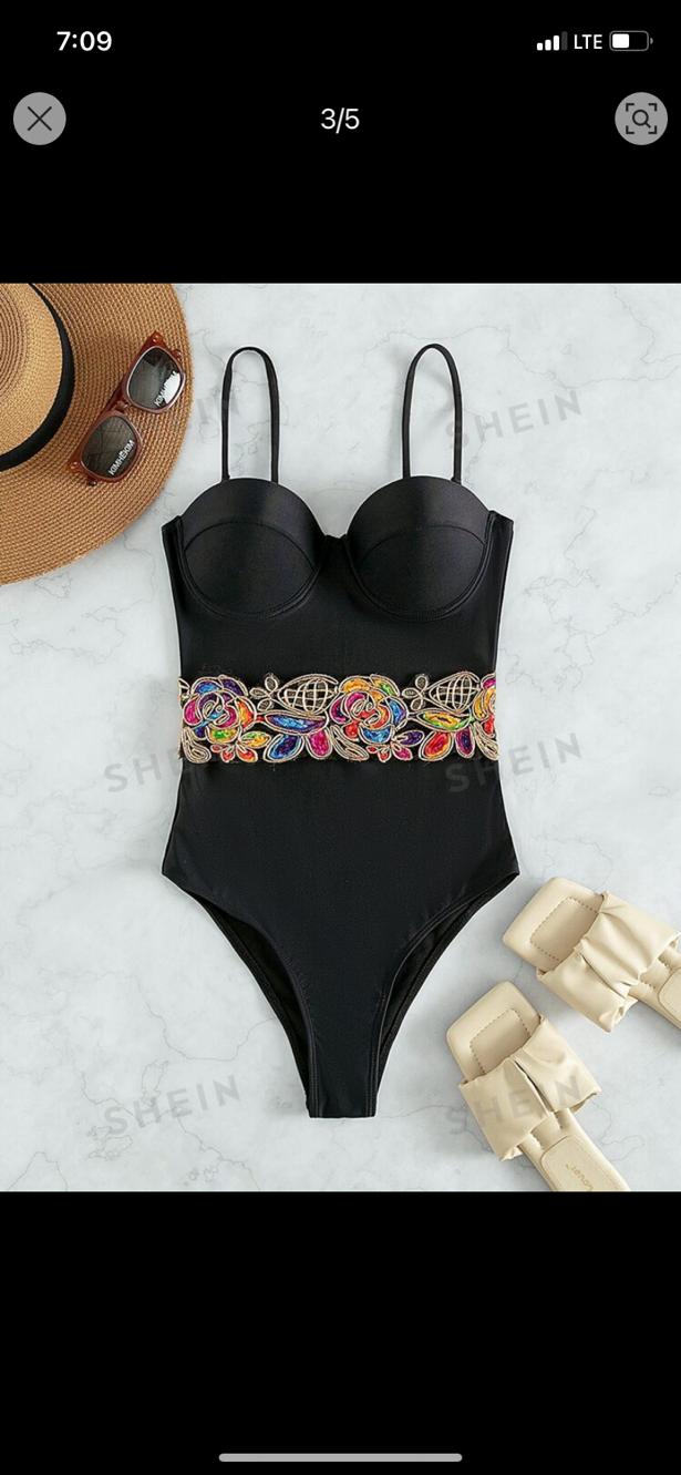 11. Black Floral Embroidered Bustier Swimsuit