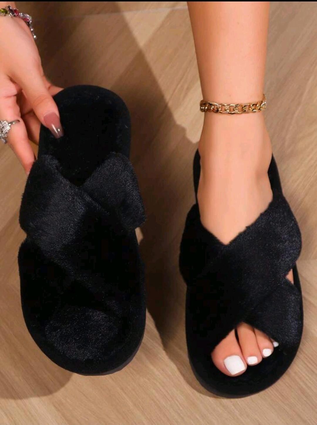 05. Black Fluffy Cross-Strap Slippers