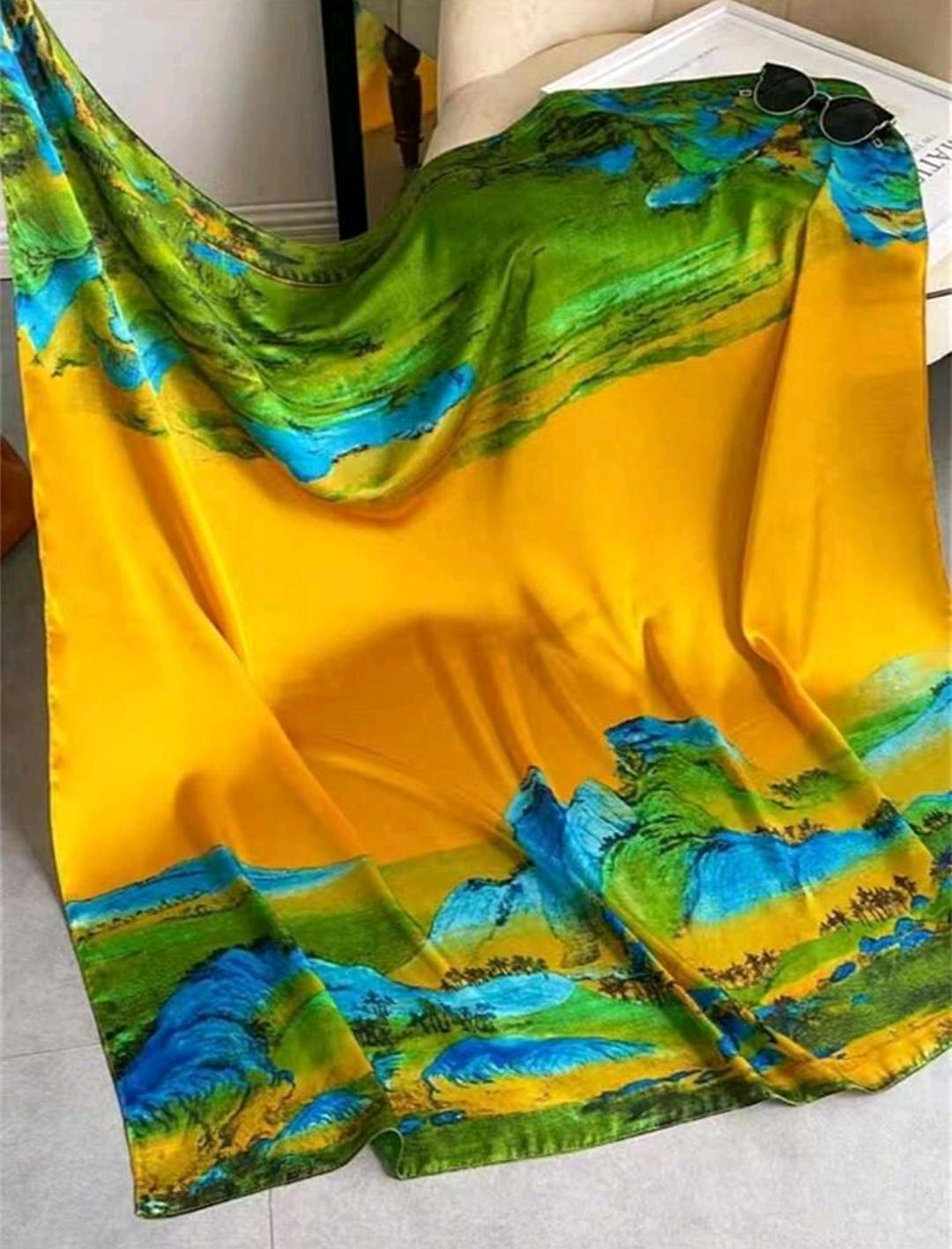 04. Yellow Mountain Landscape Silk-Feel Scarf