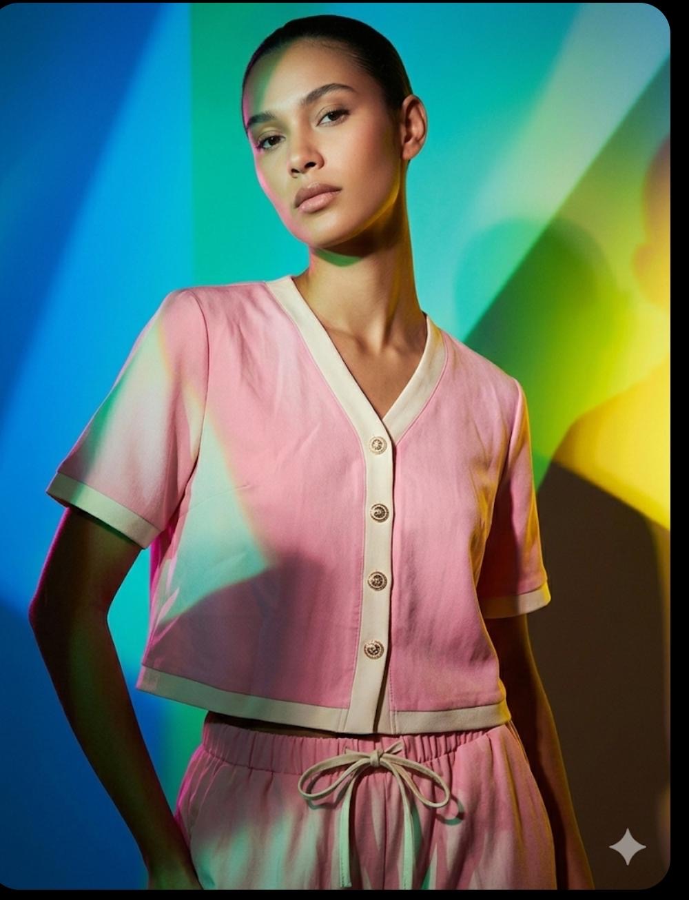 02. Pink & Cream Contrast V-Neck 2-Piece Set