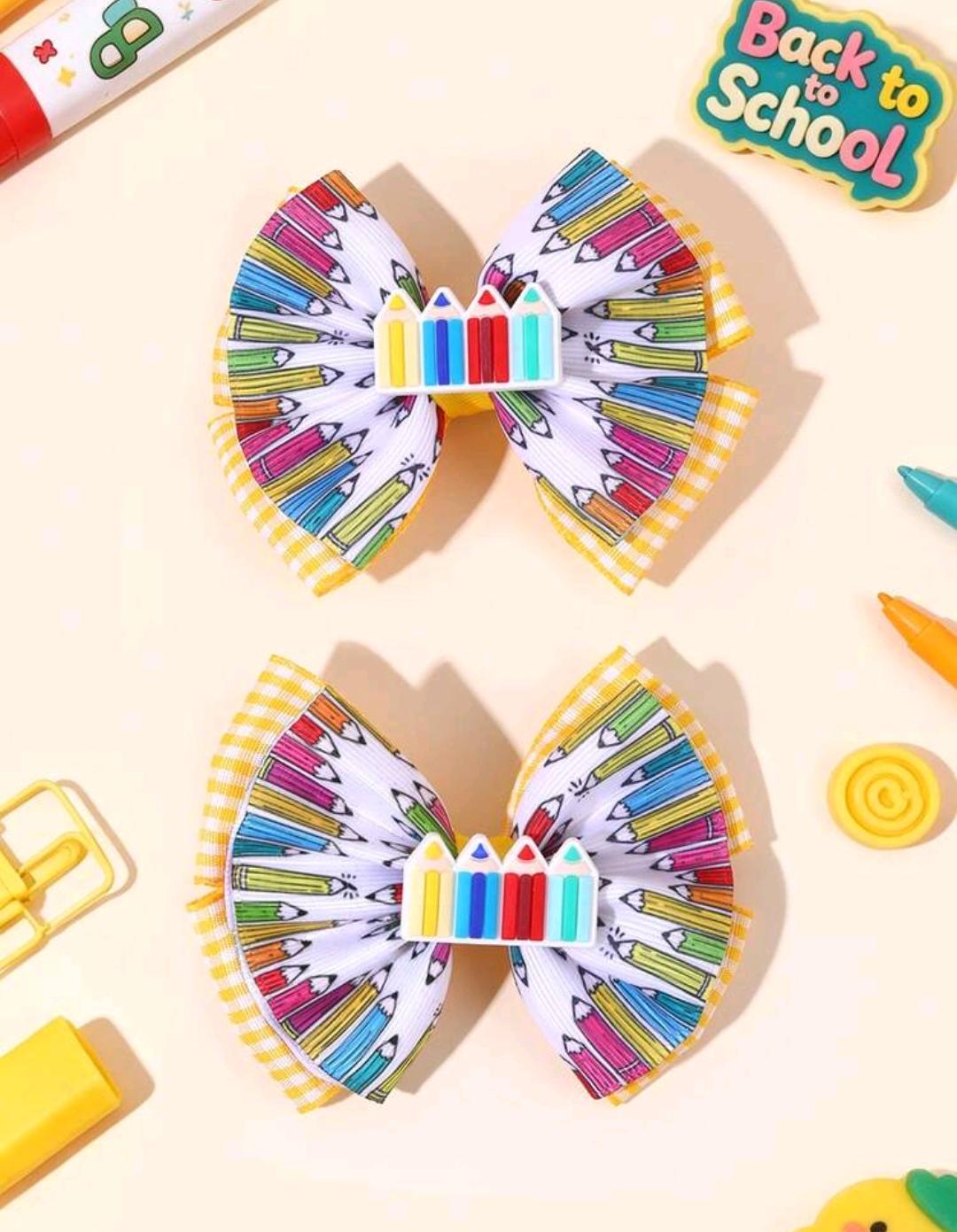 15. Rainbow Pencil Ruffle Bows — 2 pcs