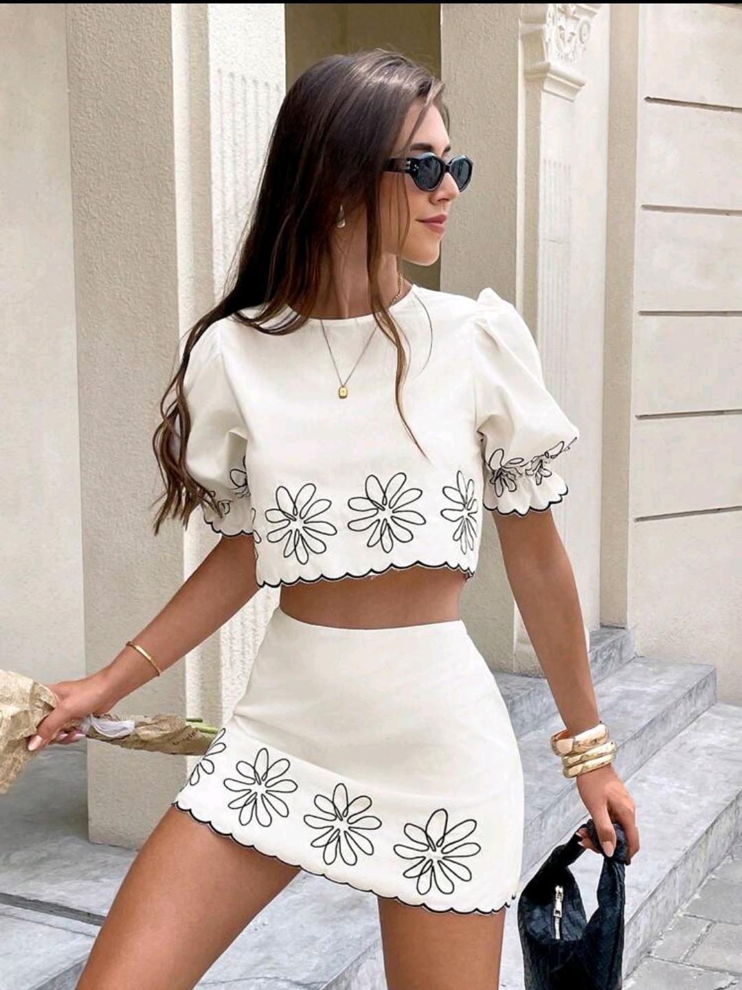 10. White Daisy Embroidered Crop Top & Skirt Set
