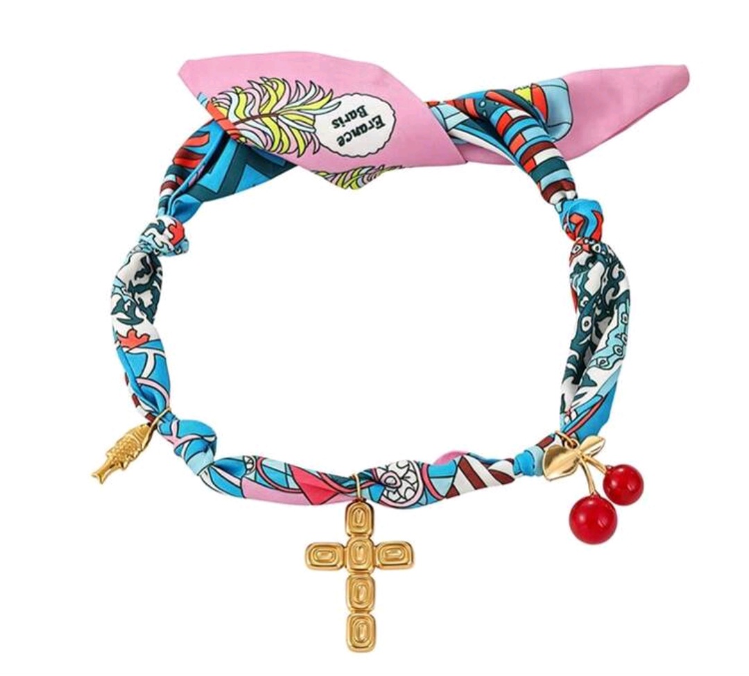 08. Printed Scarf Cross & Cherry Charm Choker