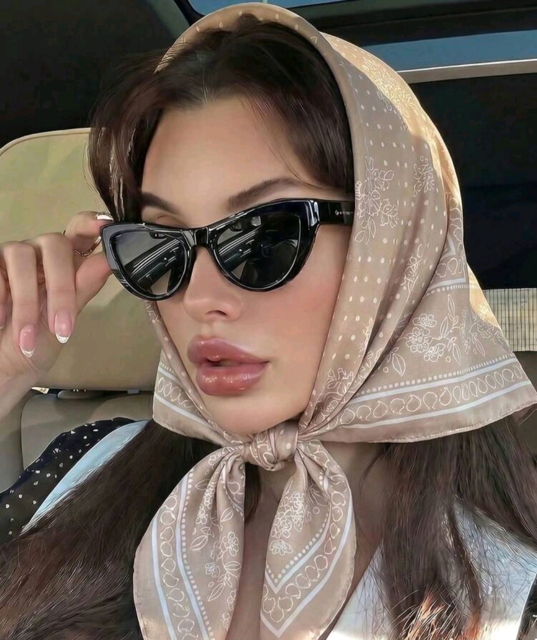 09. Beige Polka Dot Floral Satin Scarf