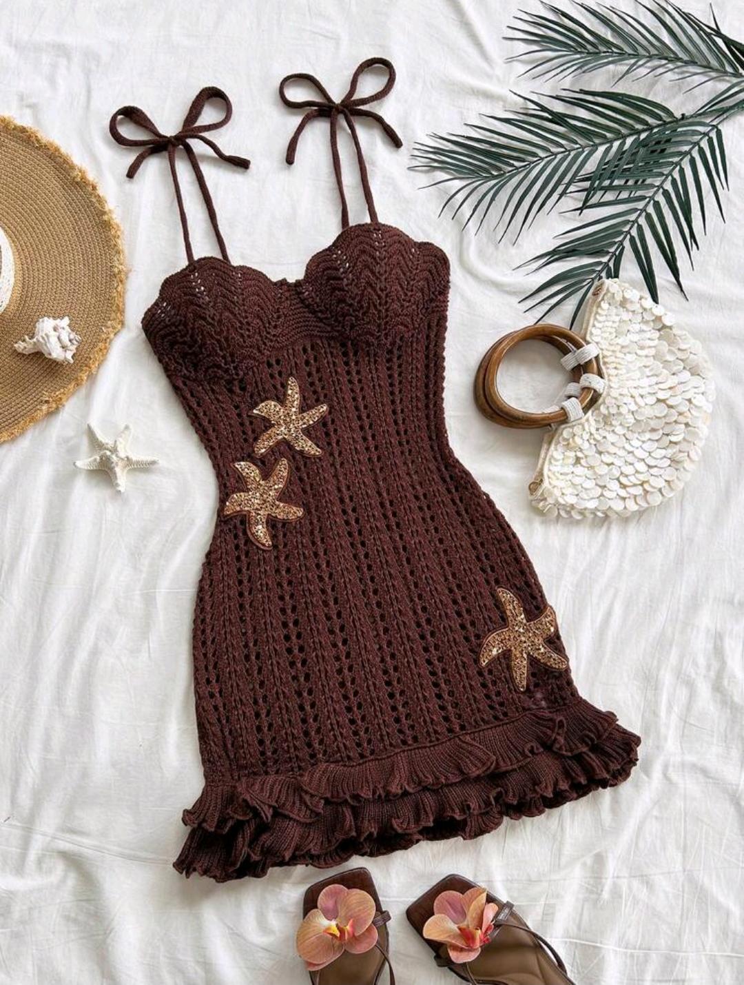 42. Brown Starfish Crochet Tie-Strap Mini Dress