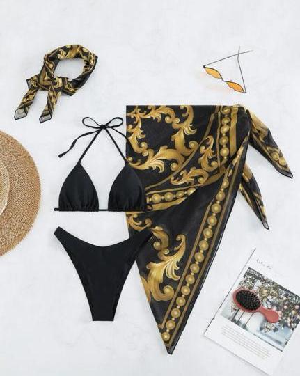 57. Black & Gold Baroque 4-Piece Bikini Set