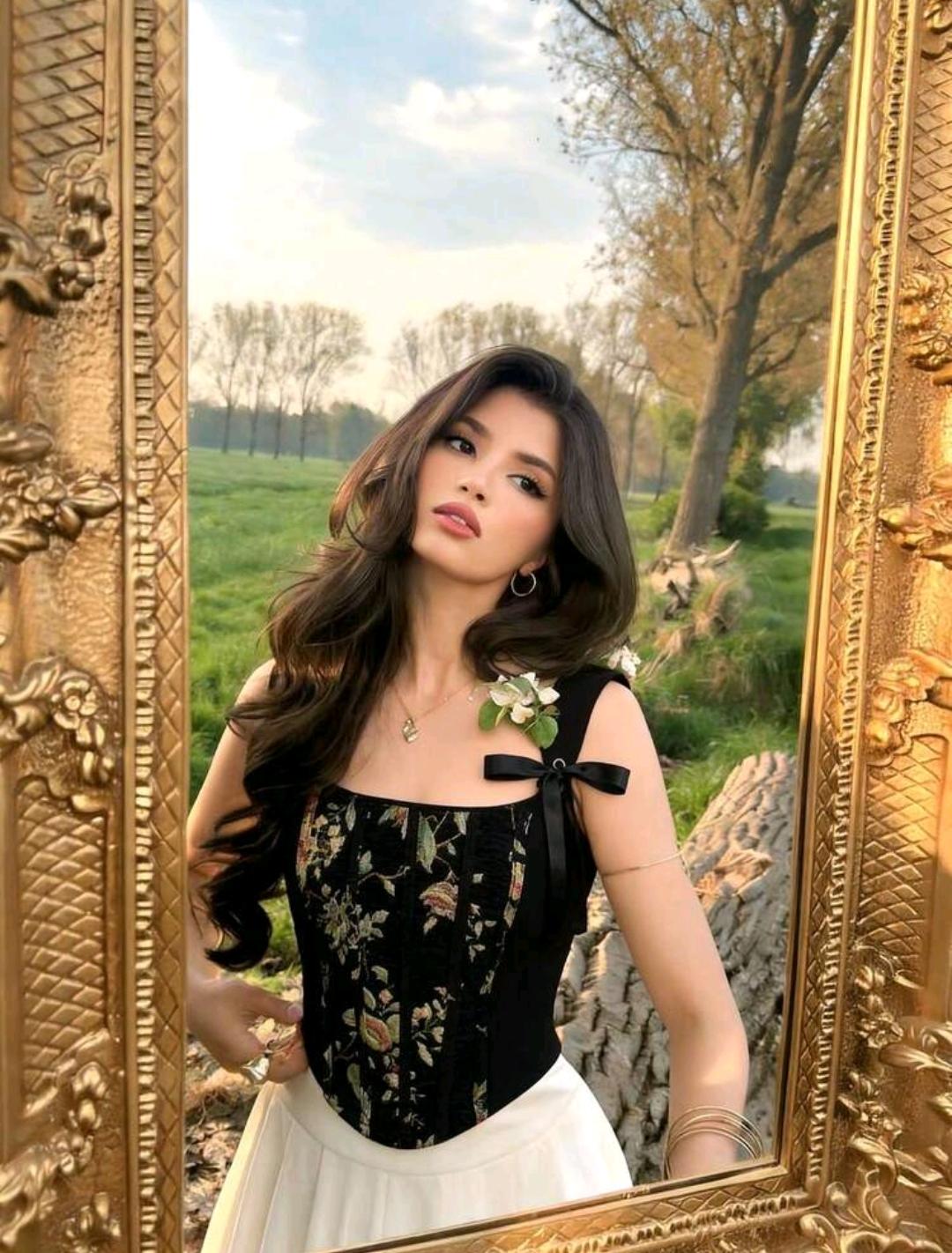 07. Black Floral Tapestry Bow-Strap Corset Top