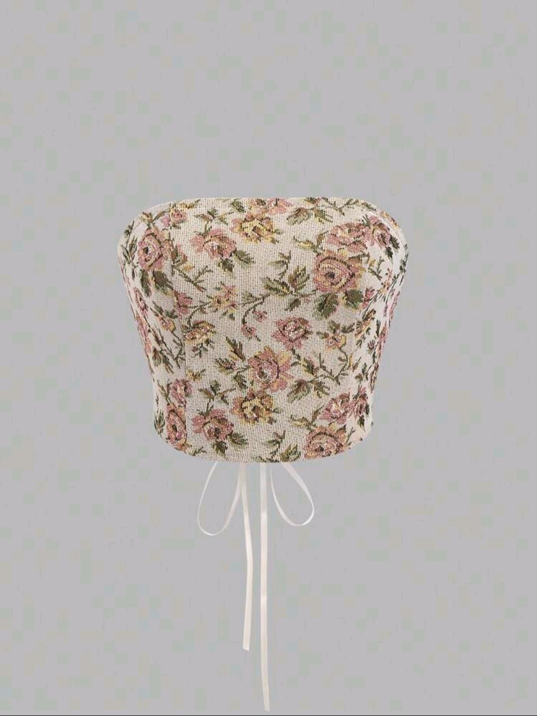 09. Rose Tapestry Ribbon-Back Tube Corset Top