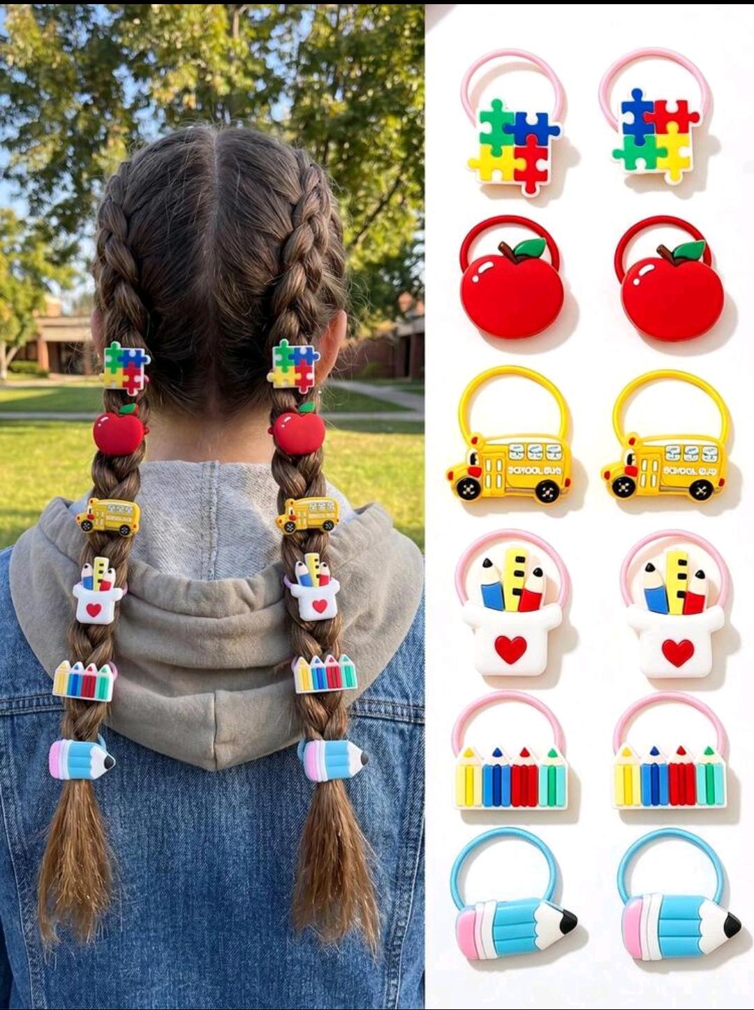 04. School Bus & Apple Hair Ties — 12 pcs Set