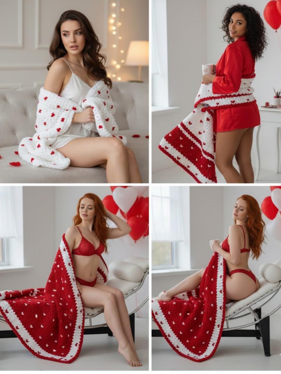 18. Chunky Knit Heart Blanket & Robe Set — Red & White