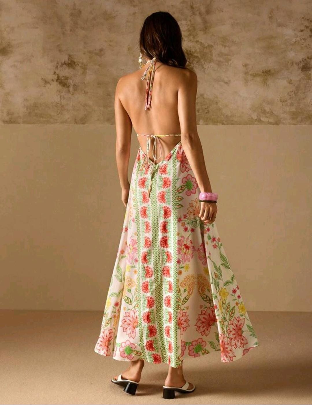 23. Coral Floral Halter Open-Back Maxi Dress