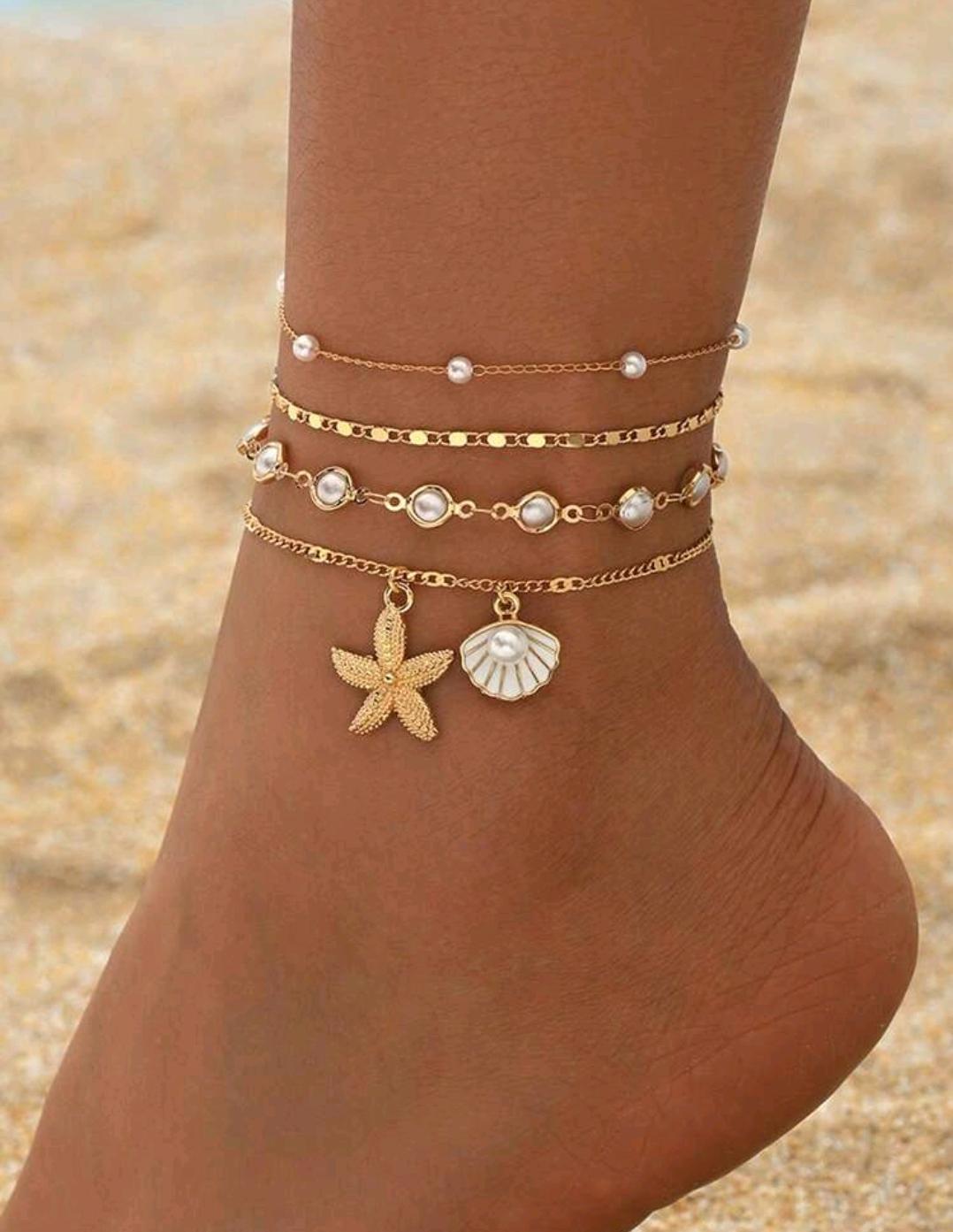 26. Gold Pearl Starfish & Shell Beach Anklet Set