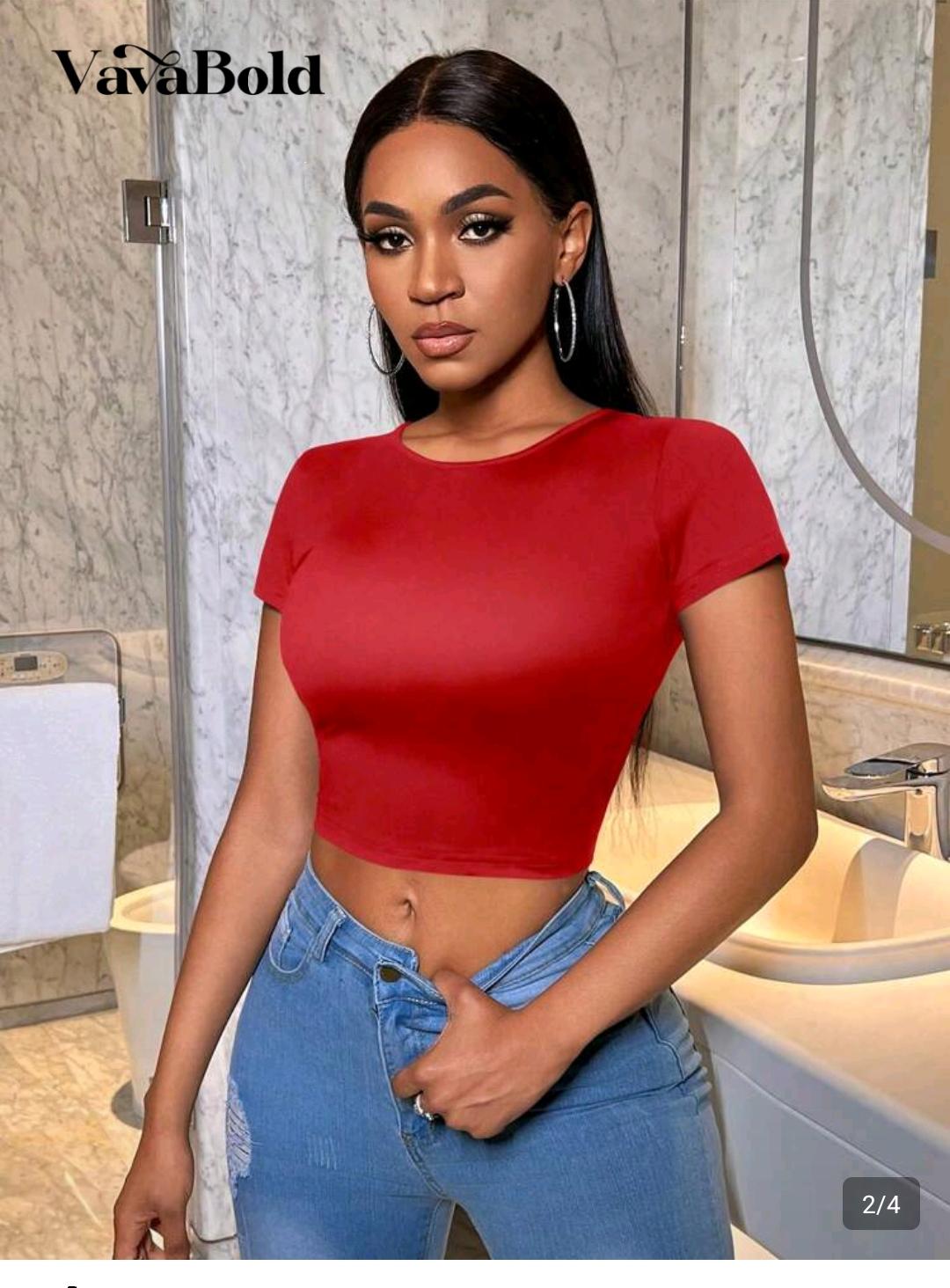 03. Red Short-Sleeve Fitted Crop Top