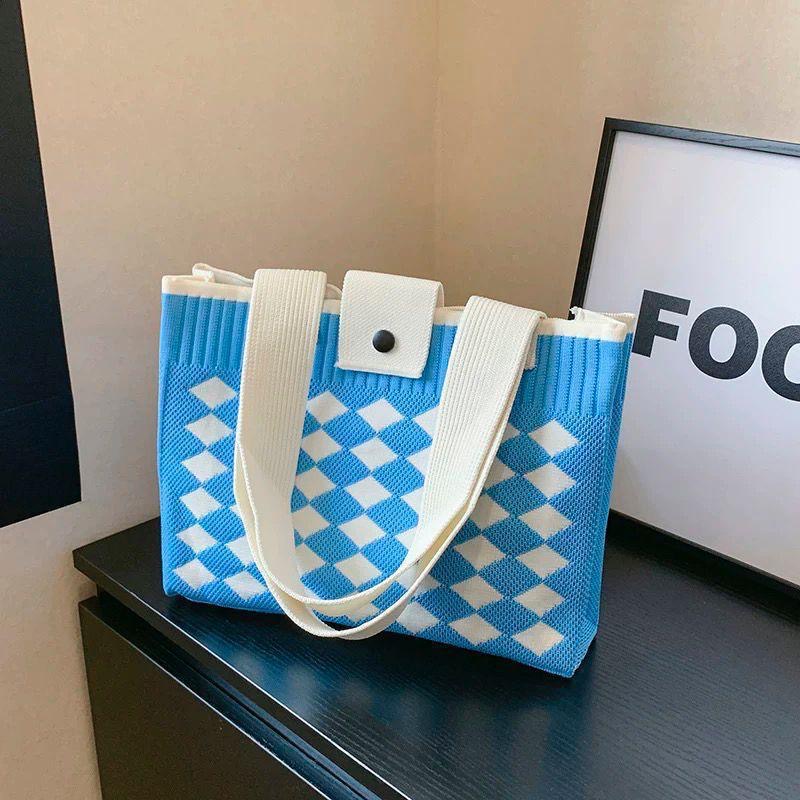 04. Checkered Knit Tote — Blue