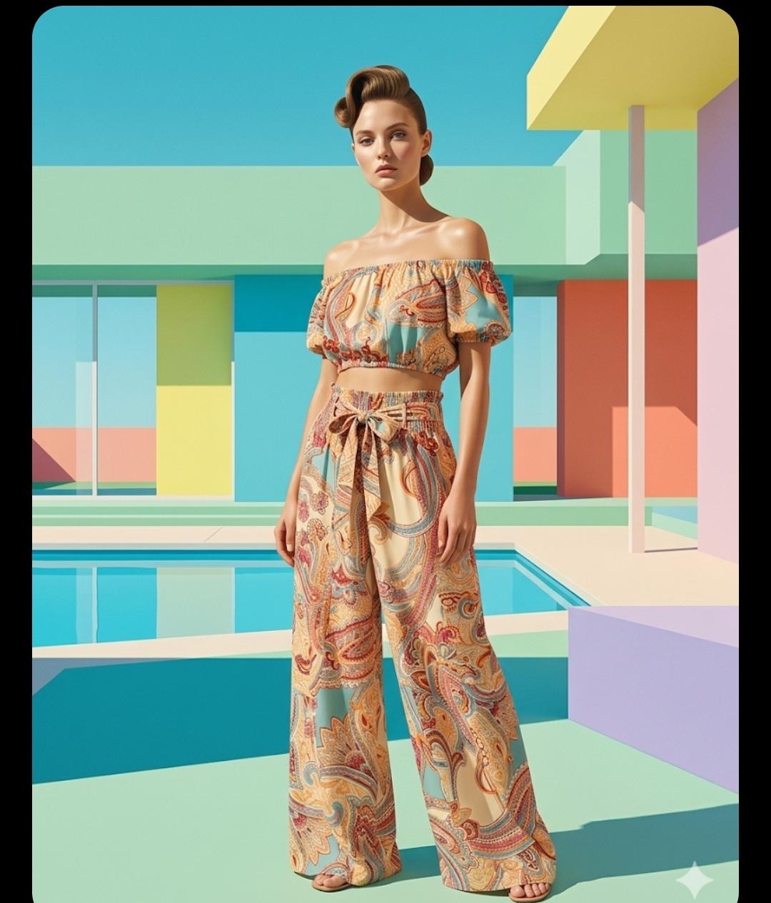 11. Paisley Off-Shoulder Top & Wide-Leg Pants Set